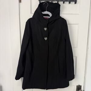 Vintage Y2K Betsey Johnson RARE Black Wool Cape Pea Coat Ruffle Hood Pink Lining